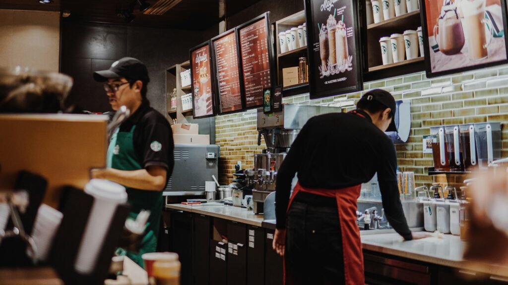 Behind the counter of a Starbucks