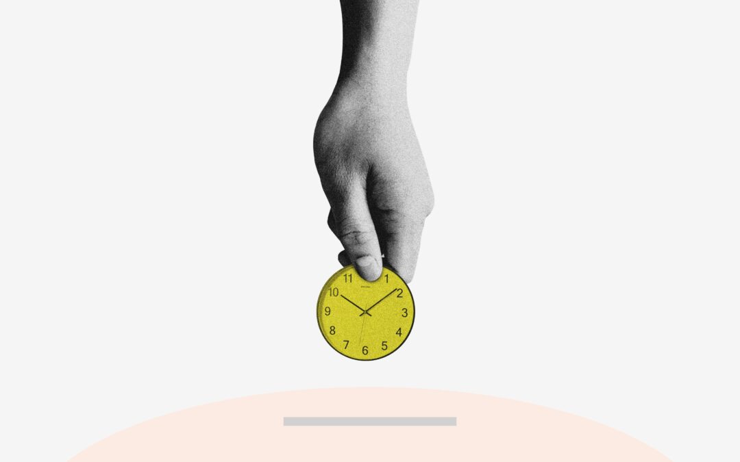 A hand holding a clock like a coin that they are about to deposit into a slot.