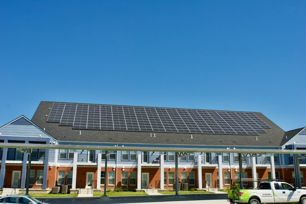 Building with solar panels on roof
